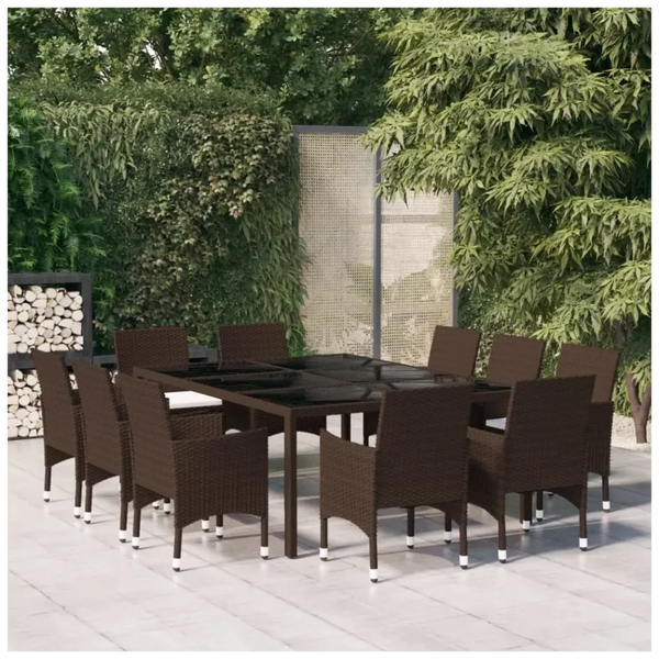 11 Piece Garden Dining Set Poly Rattan Brown